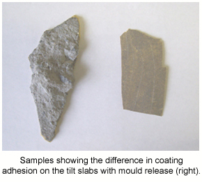 Samples of epoxy showing the difference in coating adhesion on concrete contaminated with mould release.